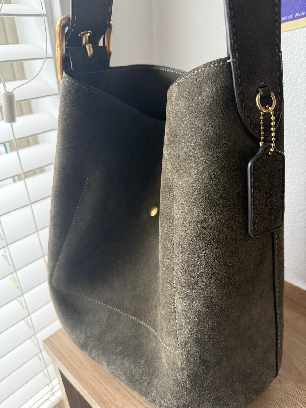 Coach Black Suede Bucket Tote with Gold Logo - Picture 3 of 5